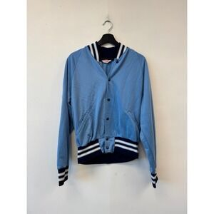 Vintage Bike Varsity Track Jacket Mens Large Blue‎ Snap Front Striped Trim 80s